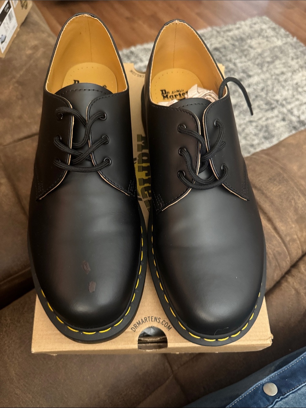Dr. Martens Black Leather 3-Eye Oxford with Yellow Stitching